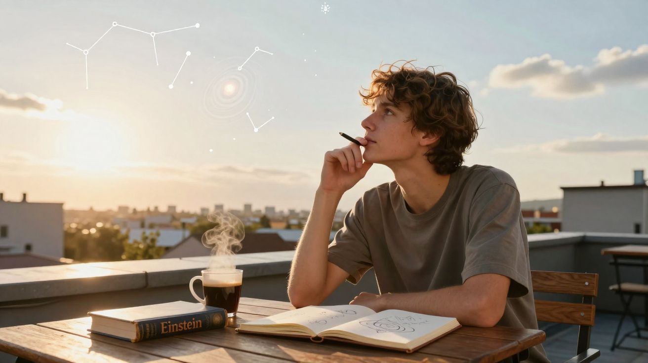 Jovem sentado no terraço ao pôr do sol, a fumar e a olhar para o céu com livro de Einstein e caderno aberto.