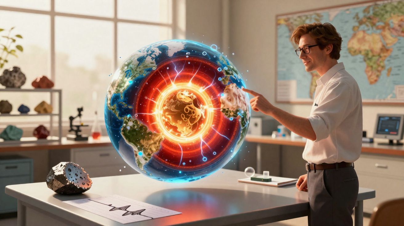 Homem numa sala de aula interage com modelo holográfico do interior da Terra sobre uma mesa.