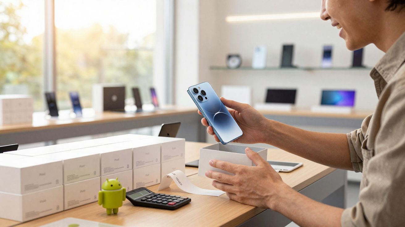 Pessoa a desembrulhar um smartphone moderno azul numa loja de eletrónica com caixas e gadgets na mesa.
