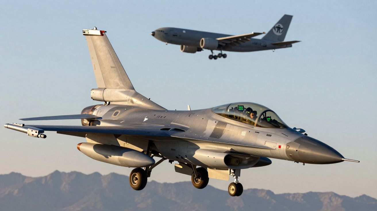 Caça militar a jato em primeiro plano com avião comercial ao fundo sobre montanhas ao pôr do sol.