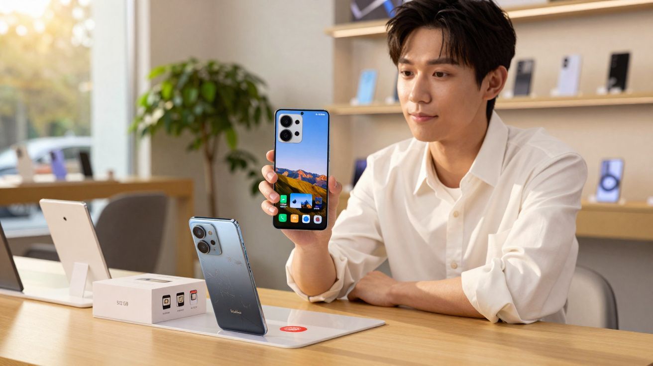 Pessoa numa loja a segurar e mostrar um smartphone moderno, com outro telefone e caixa na mesa.