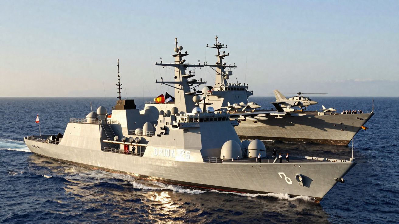 Duas fragatas militares cinzentas a navegar em mar aberto sob céu limpo.