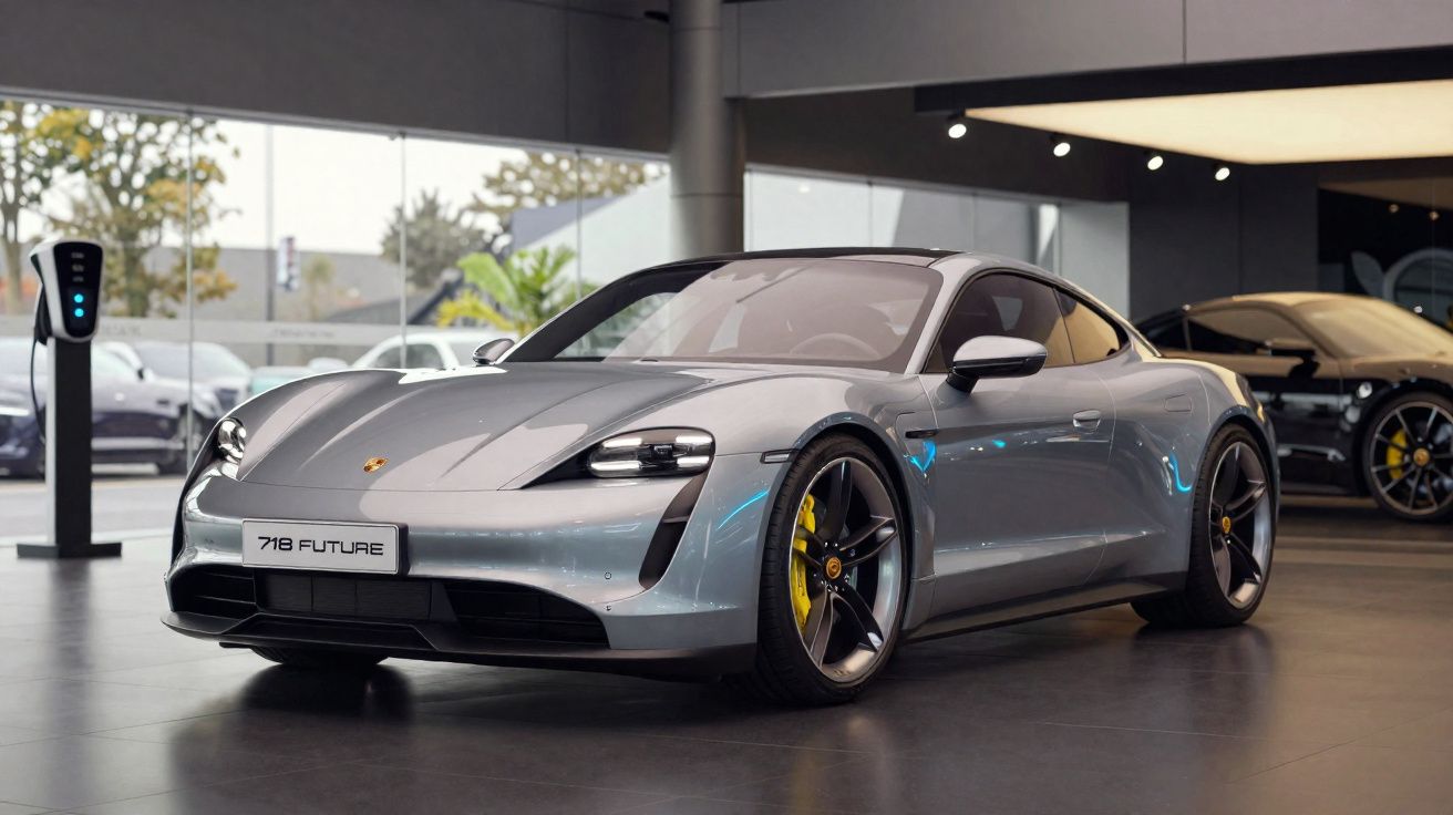 Carro desportivo elétrico cinzento estacionado em showroom com carregador eléctrico ao fundo.