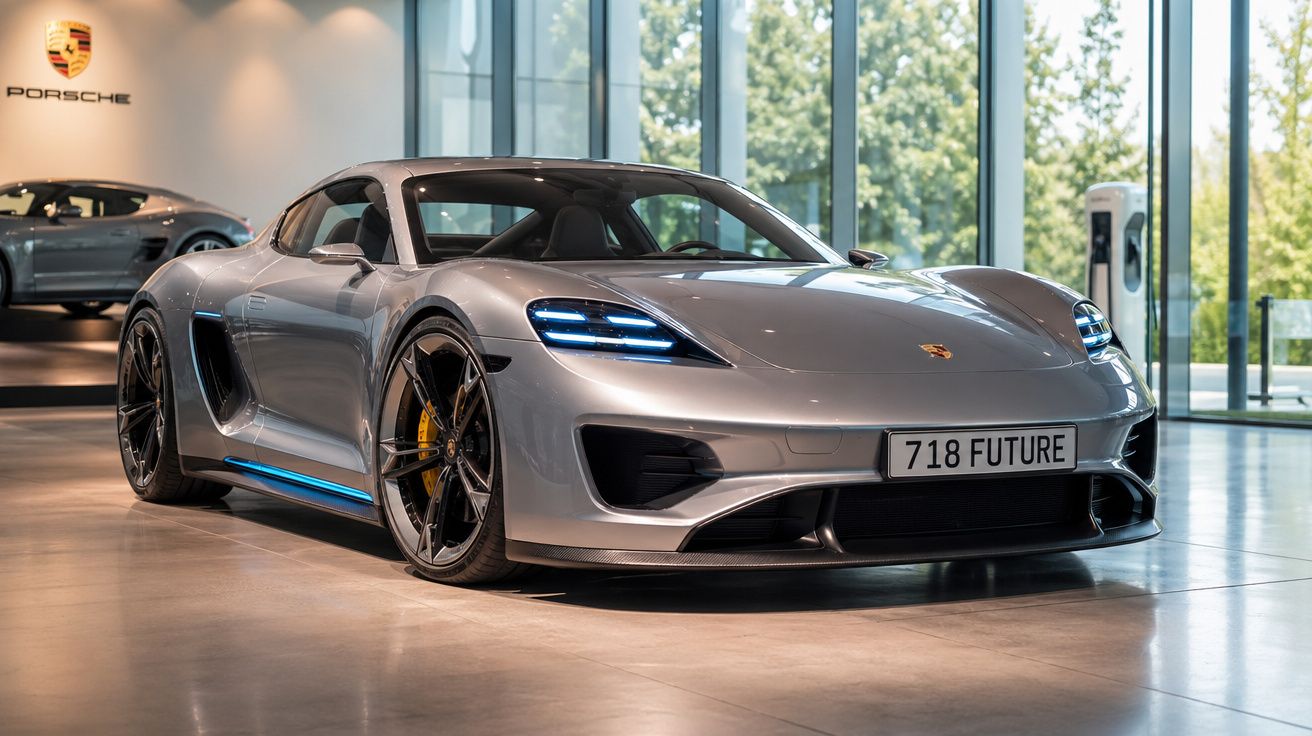 Automóvel desportivo Porsche eléctrico prateado exposto num salão com luz natural e vidros grandes.