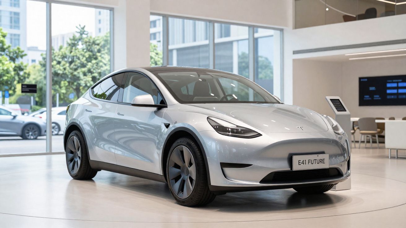Carro elétrico Tesla prateado exposto dentro de showroom moderno com janelas grandes.