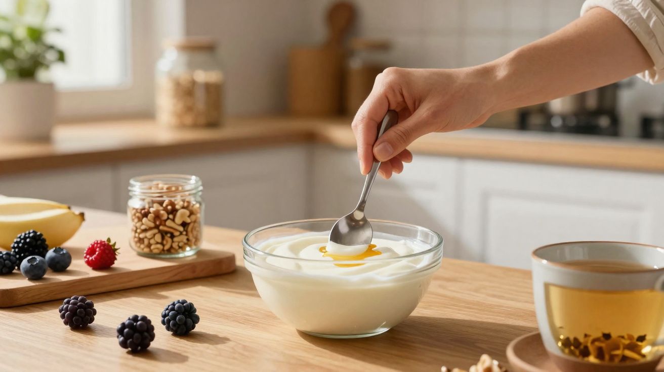 Mão a mexer iogurte numa tigela de vidro com pedaços de fruta e chá numa cozinha iluminada.