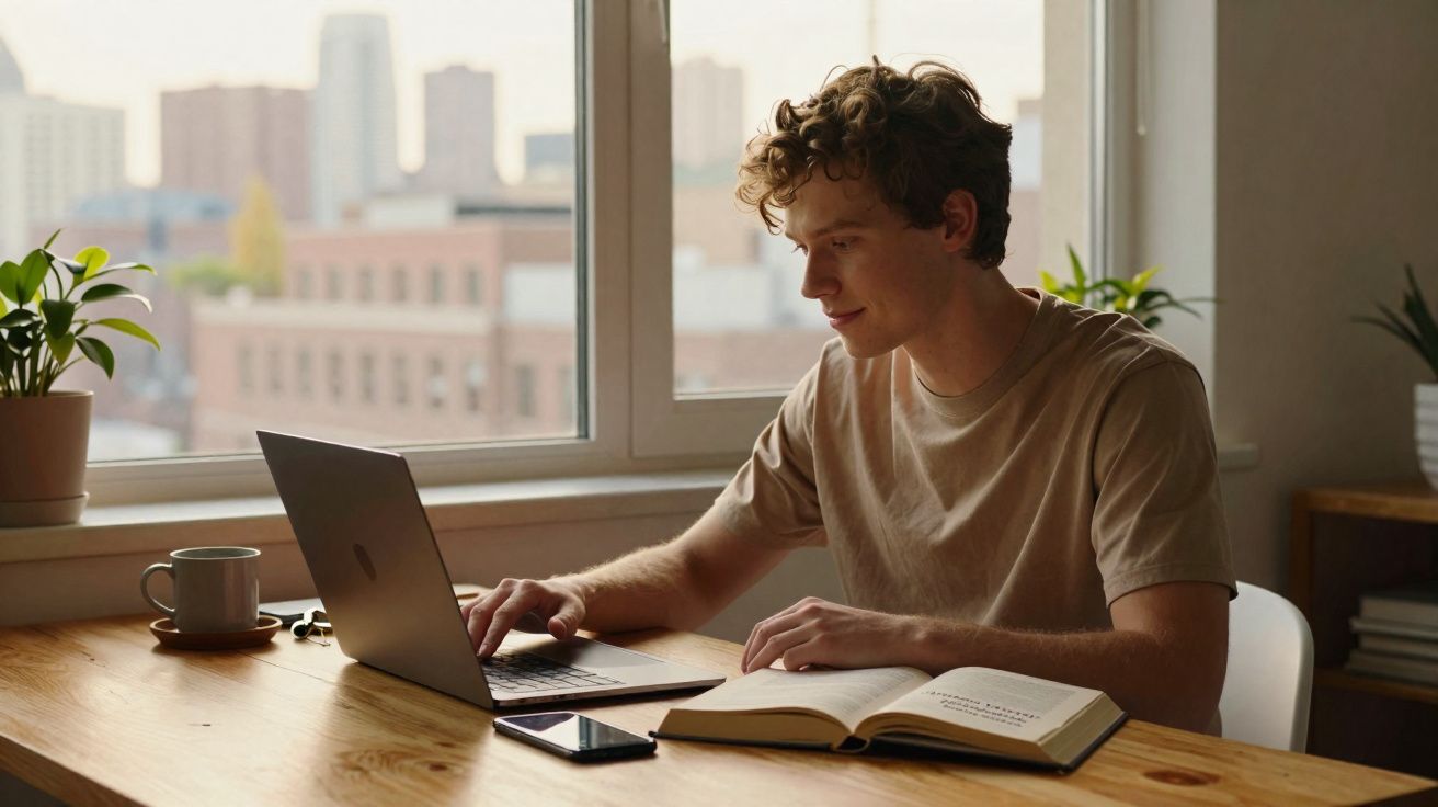 Jovem a estudar com portátil e livro numa mesa junto a uma janela com vista para a cidade.