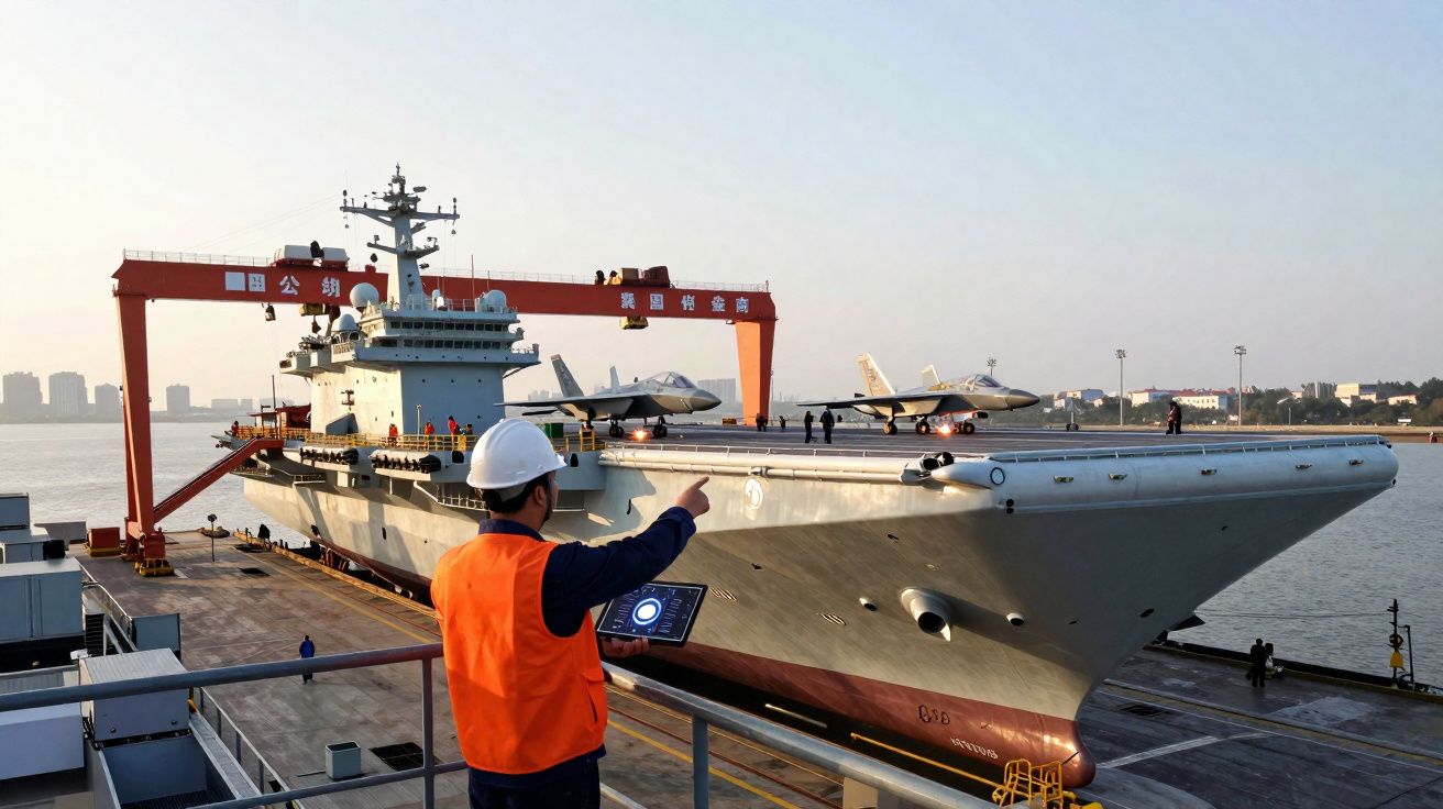 Homem com colete laranja e capacete observa porta-aviões com jatos no convés junto ao cais.