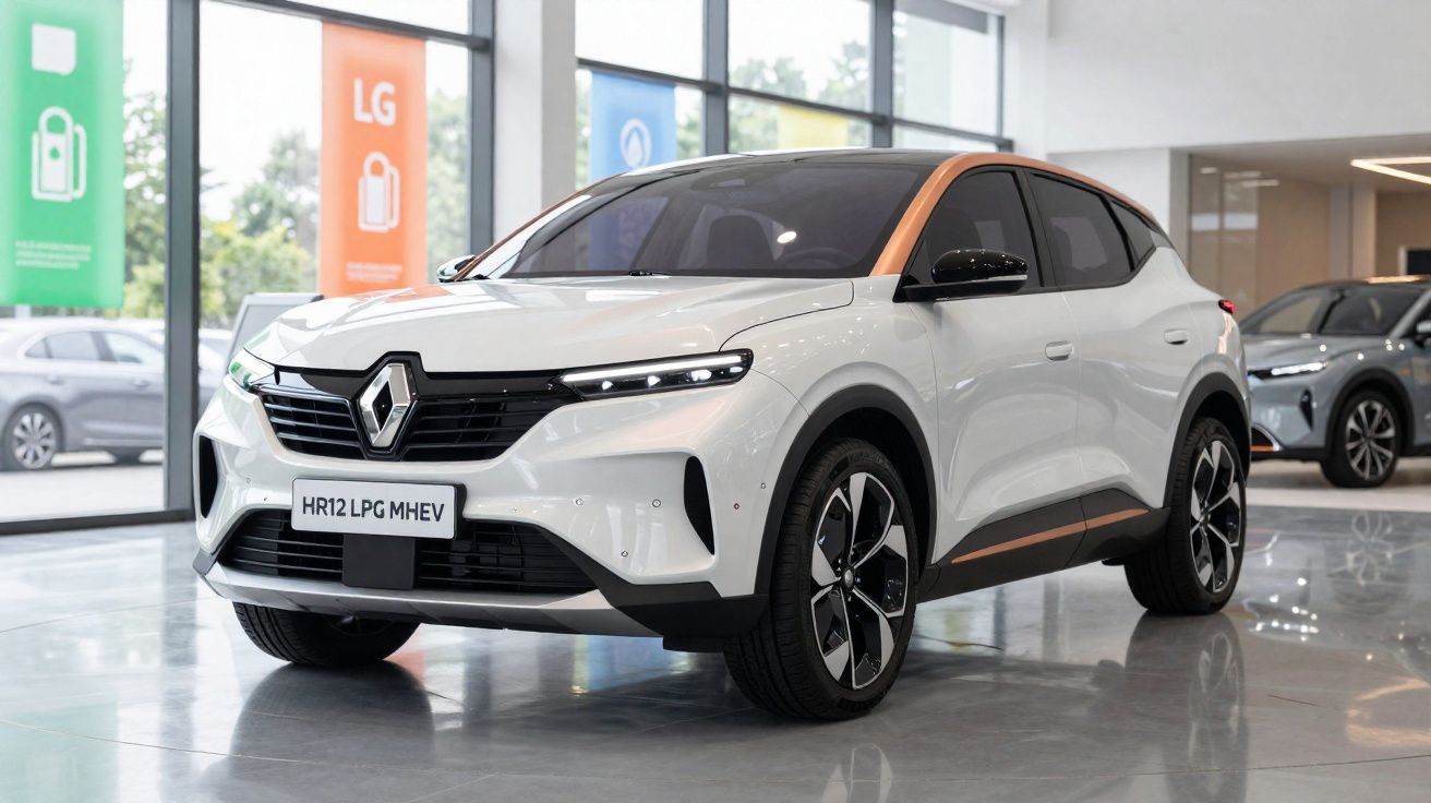 Veículo Renault branco com detalhes laranja exposto em showroom moderno, vistas através de janelas amplas.