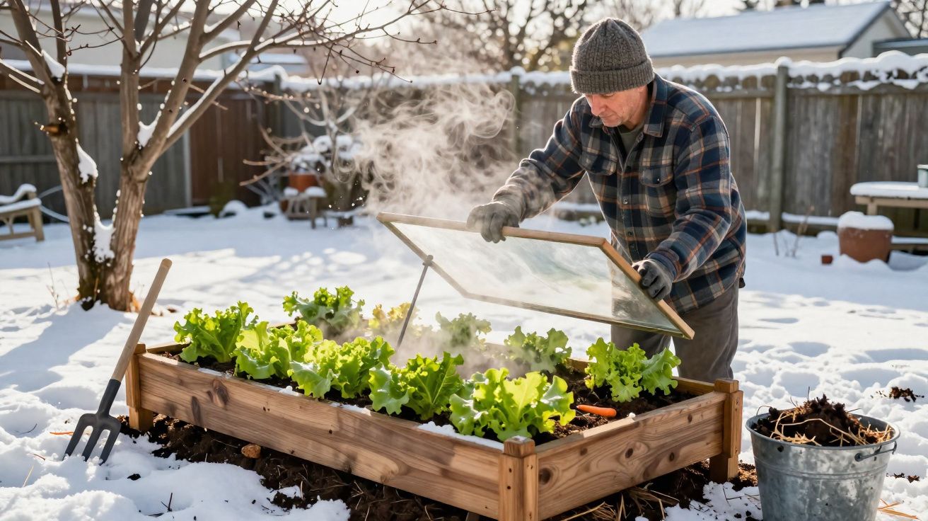 Homem a proteger alfaces num canteiro de madeira coberto de neve, com tampa de vidro a levantar vapor.