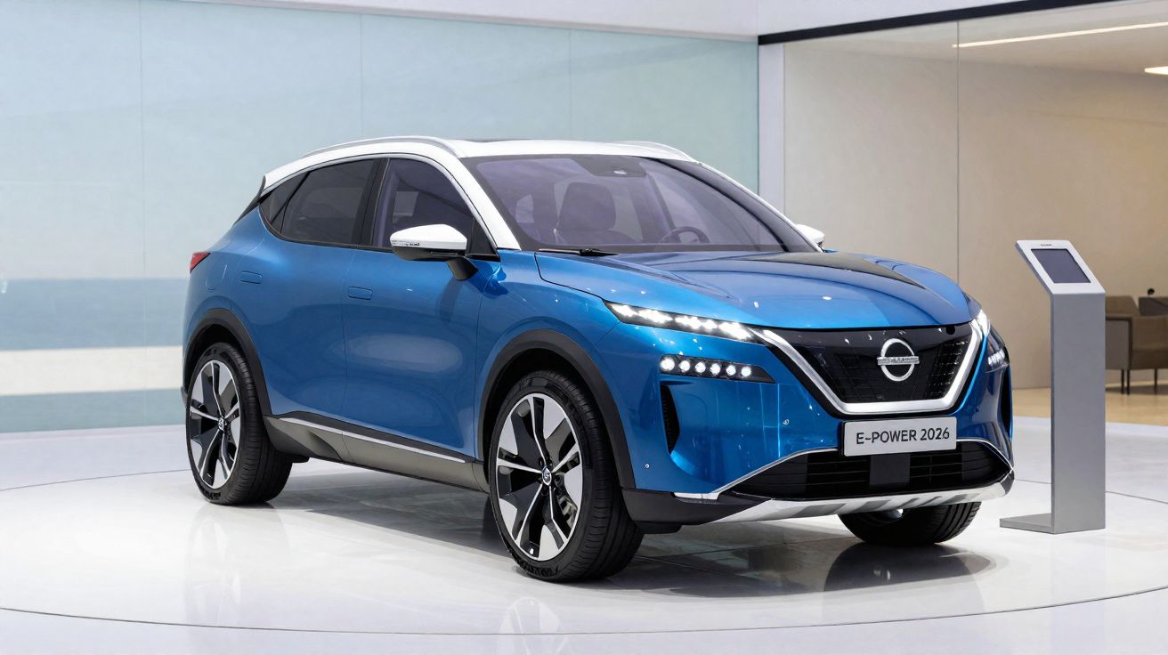 Carro elétrico azul com tejadilho branco exposto numa plataforma branca em ambiente moderno.