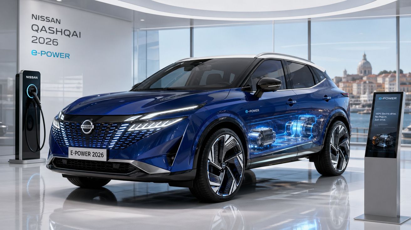 Carro elétrico Nissan Qashqai 2026 azul com motor e baterias visíveis em exposição numa sala moderna.