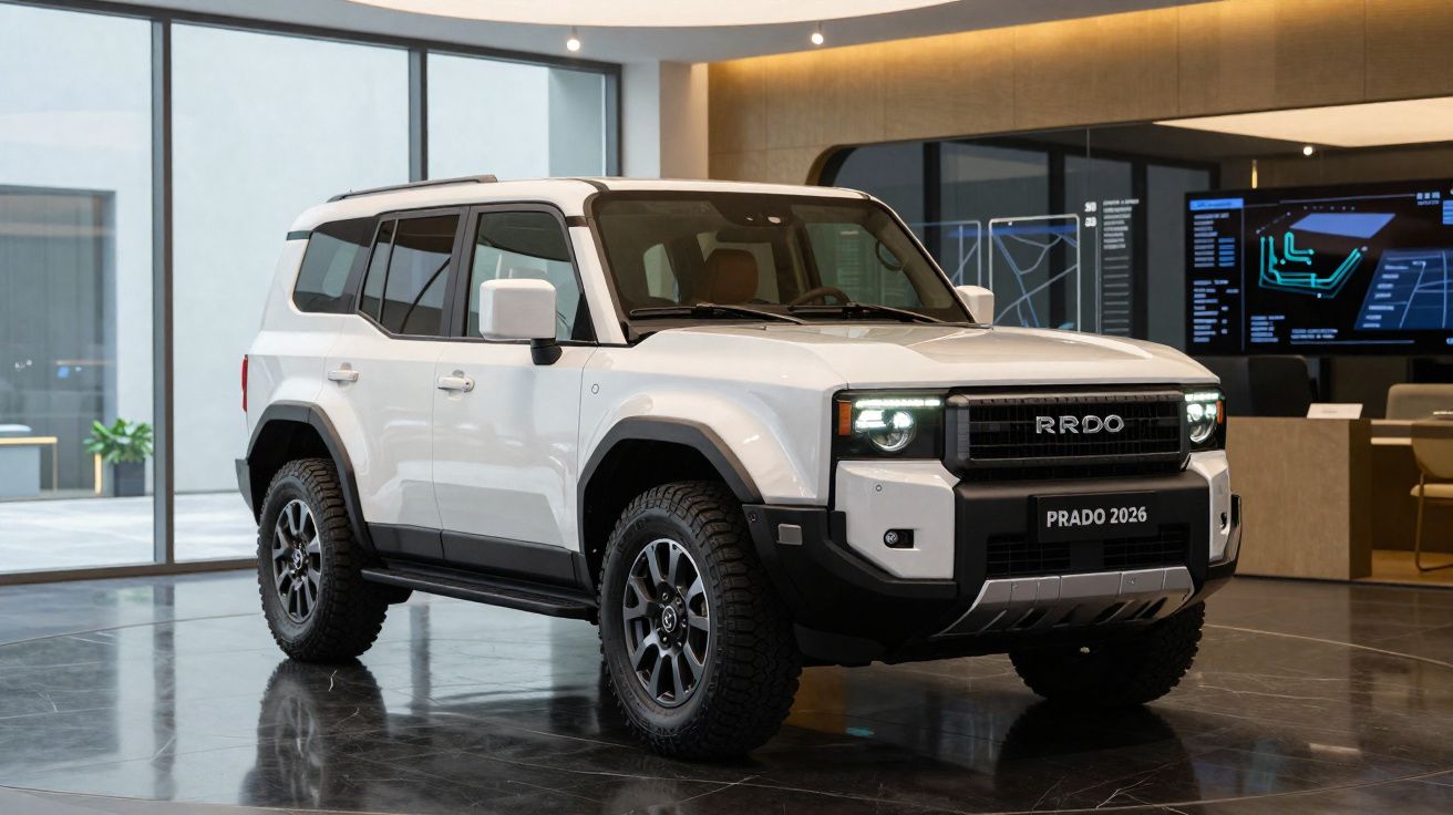 Carro SUV branco RRDO Prado 2026 estacionado em piso interior com paredes e monitores ao fundo.