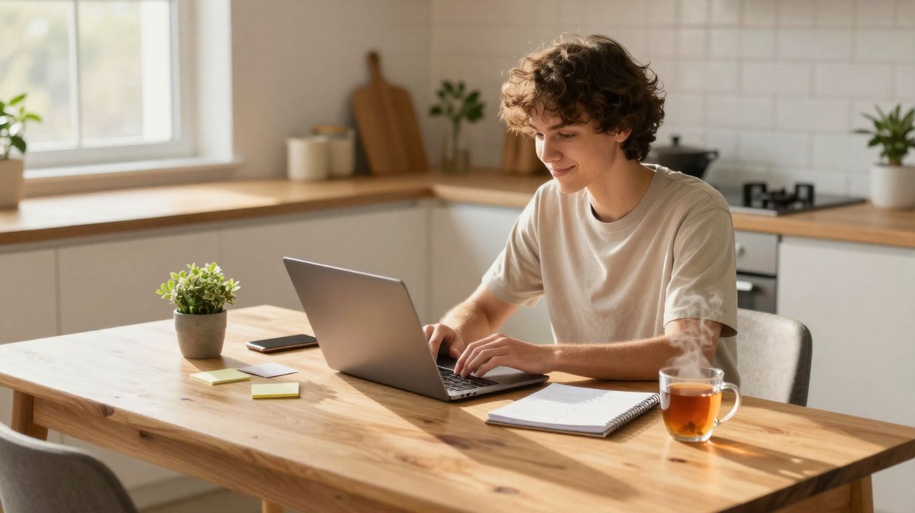 Pessoa jovem a trabalhar num portátil numa cozinha moderna, com chá quente e bloco de notas na mesa.