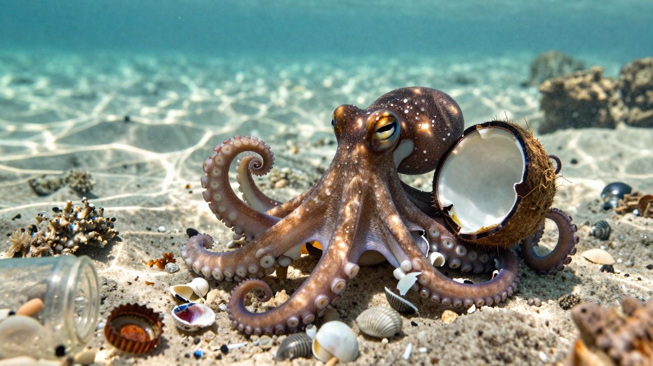 Polvo marrom no fundo do mar rodeado de conchas e um coco partido na areia.
