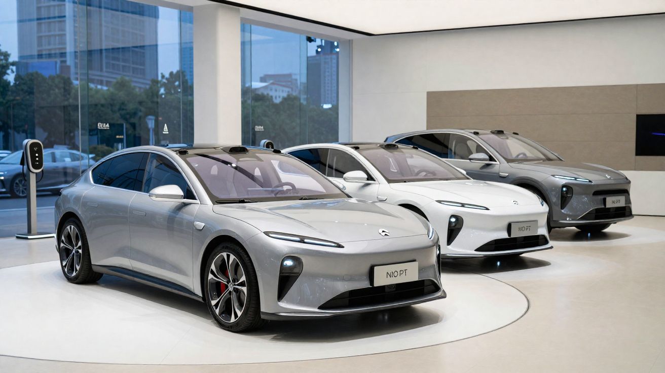 Três carros elétricos modernos estacionados num showroom com grandes janelas e vistas urbanas ao fundo.