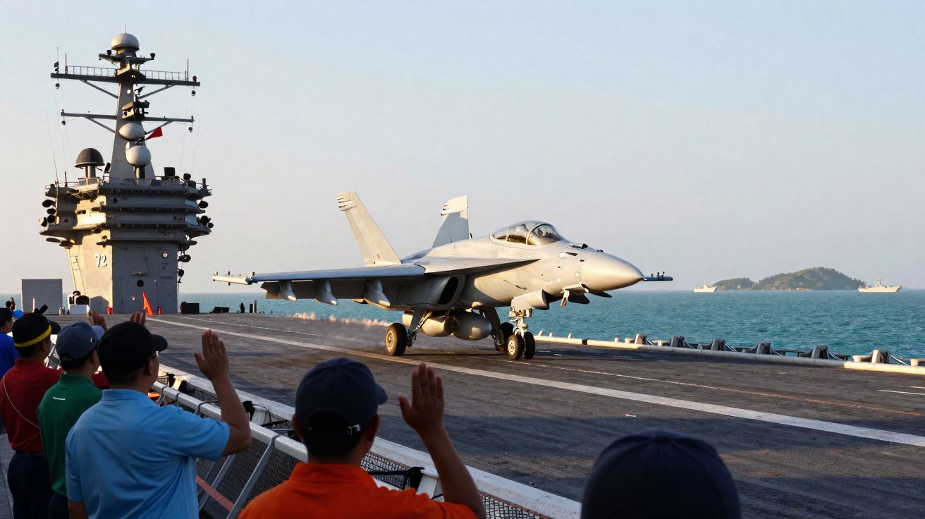 Pessoas observam e acenam para caça militar estacionado numa pista de um porta-aviões no mar.