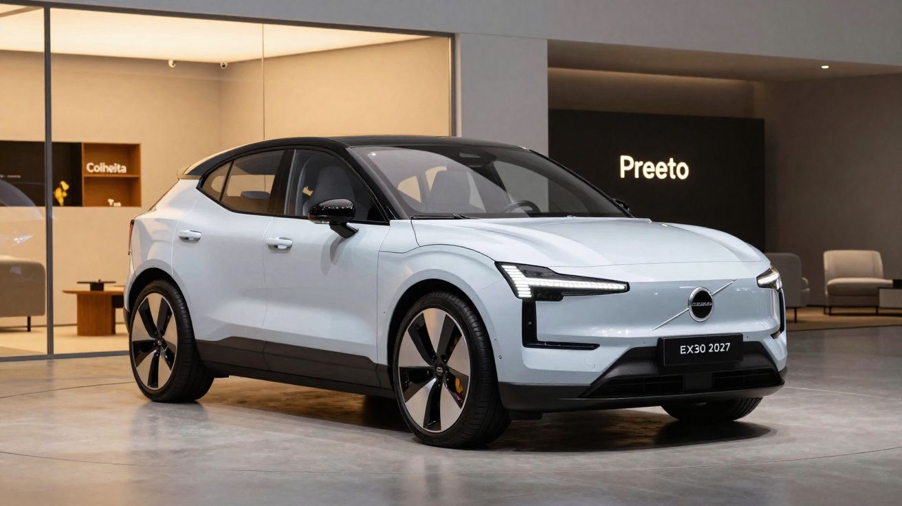 Carro elétrico Volvo EX30 branco com tejadilho preto estacionado em interior moderno.
