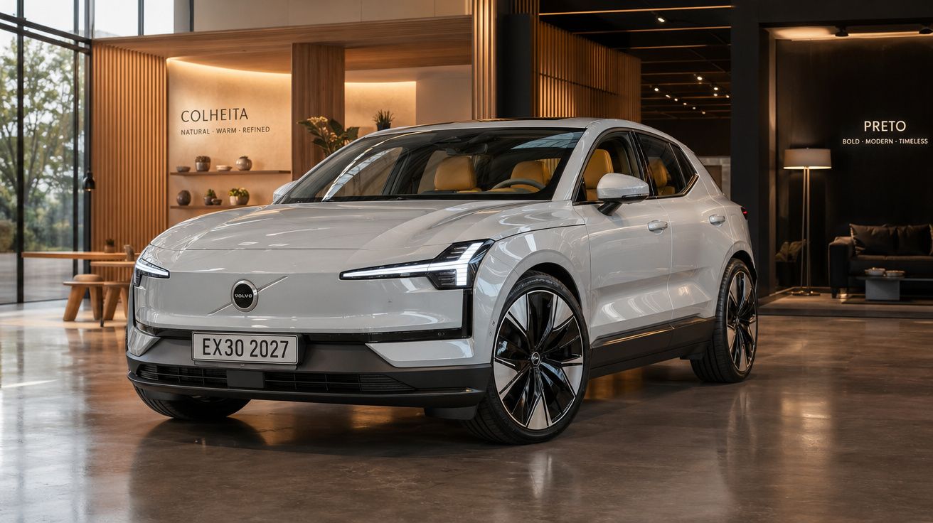 Carro elétrico Volvo EX30 branco estacionado em interior moderno com decoração em madeira e iluminação quente.