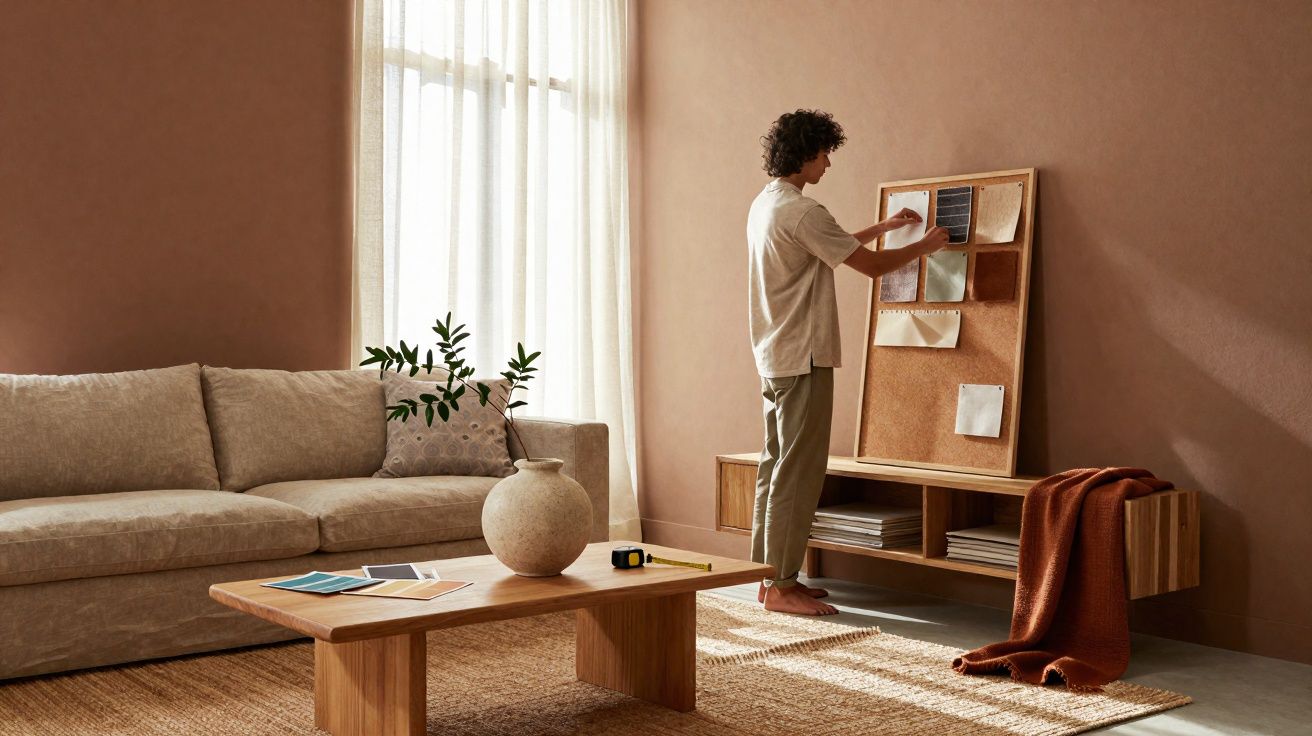 Homem a organizar notas num quadro de cortiça numa sala de estar com decoração em tons terra.