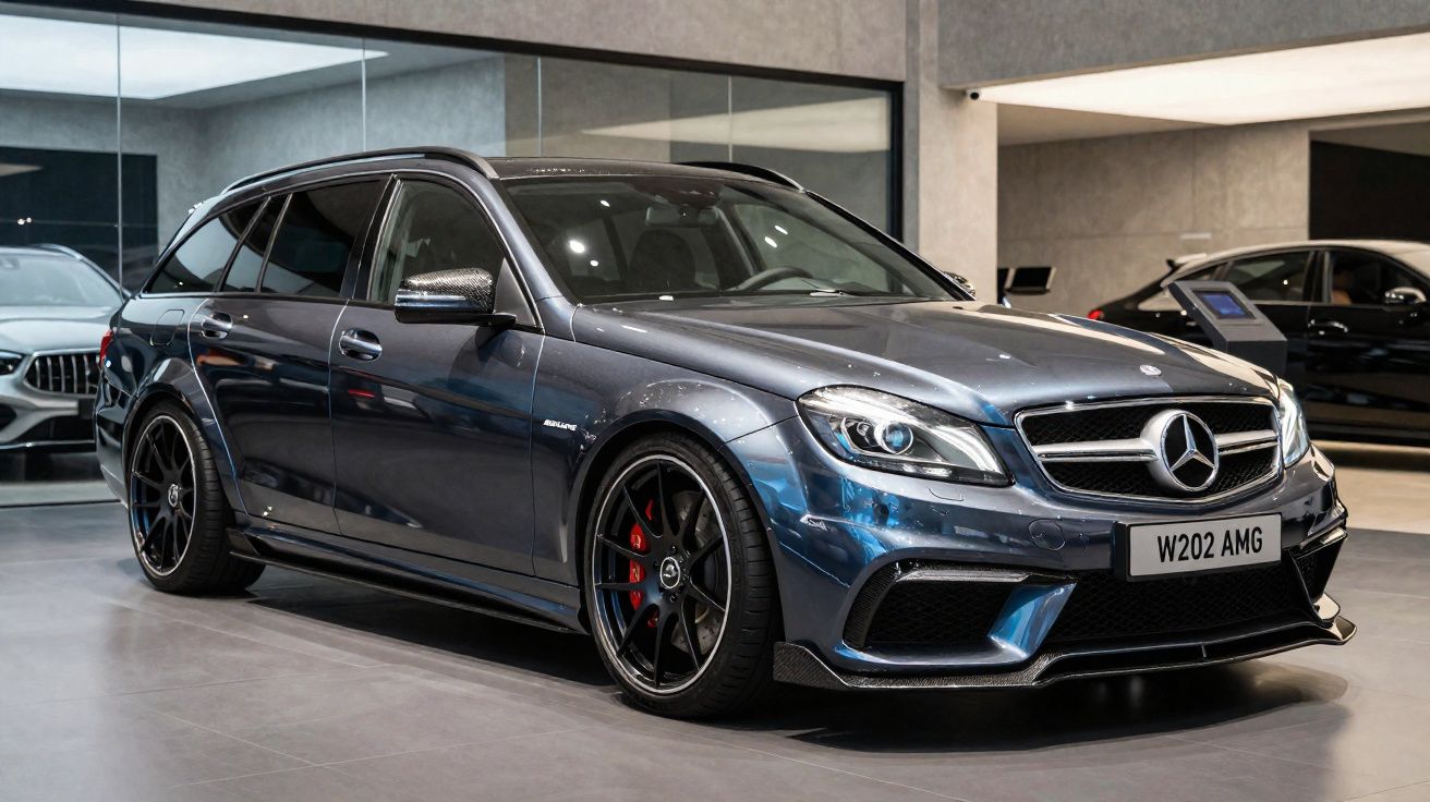 Carro Mercedes-Benz AMG W202 azul metálico numa garagem moderna com rodas pretas e detalhes vermelhos.