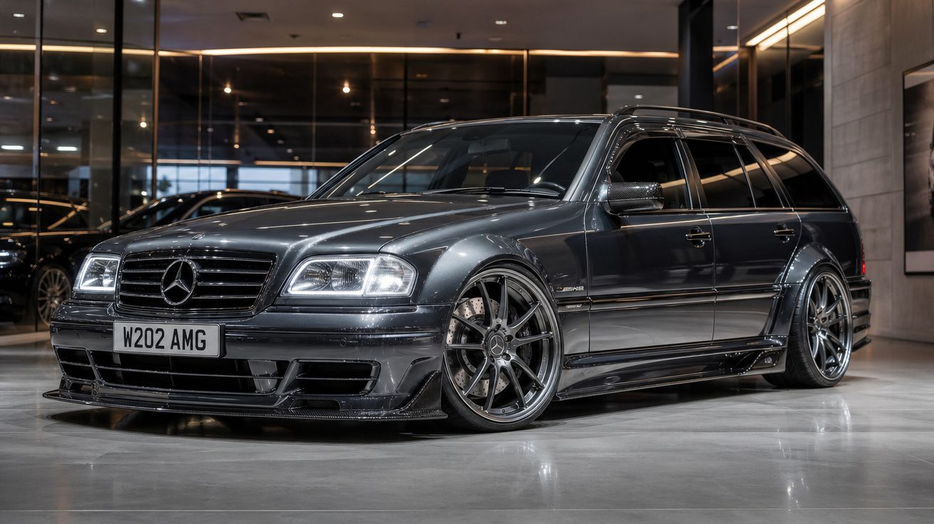 Veículo Mercedes-Benz W202 AMG preto, modificado com rodas grandes e teto de vidro em garagem moderna.