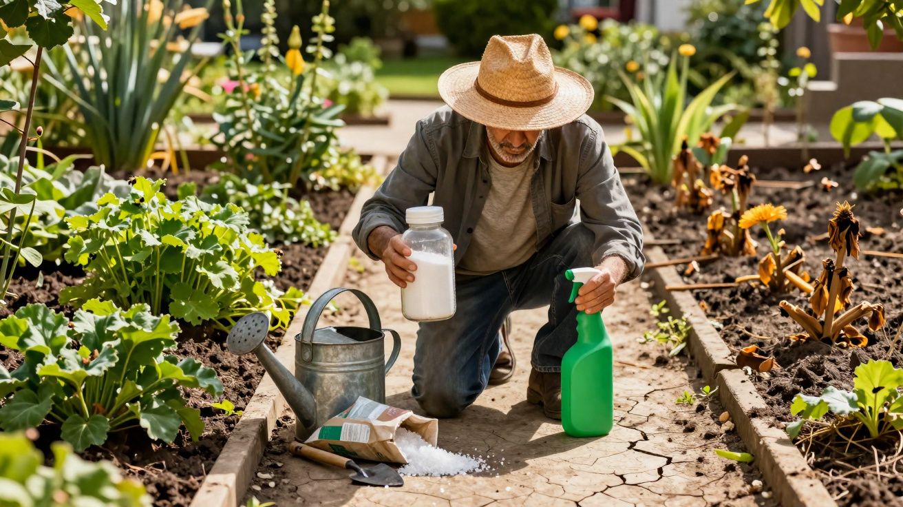 Homem de chapéu a aplicar fertilizante em plantas de jardim de dia ensolarado.