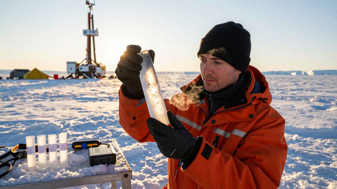 Cientista em roupa térmica a analisar amostra de gelo numa paisagem gelada com neve e equipamentos.