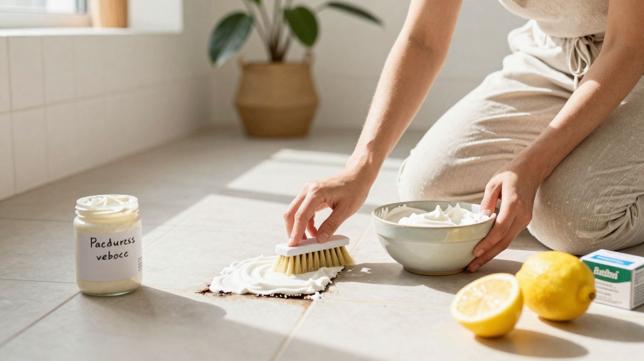 Pessoa a limpar nódoa de piso cerâmico com escova, pasta branca e limão, numa divisão bem iluminada.