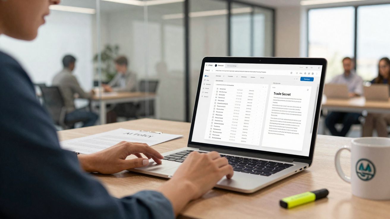 Pessoa a usar portátil numa mesa de escritório com caneca, marcador e documentos em ambiente profissional.