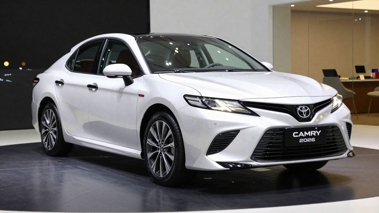 Carro branco Toyota Camry 2026 estacionado em superfície negra dentro de espaço moderno.