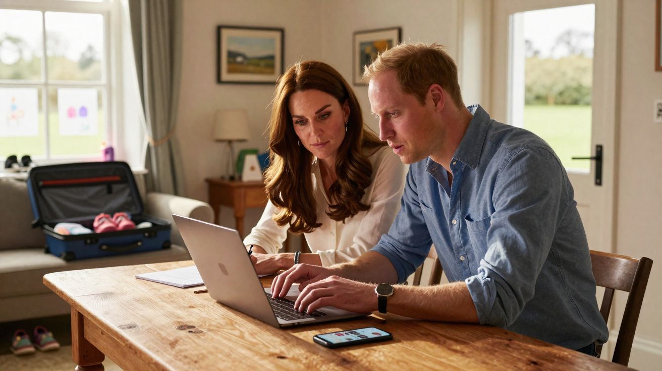 Casal sentado à mesa a usar um portátil num ambiente doméstico com mala e telefone à frente.