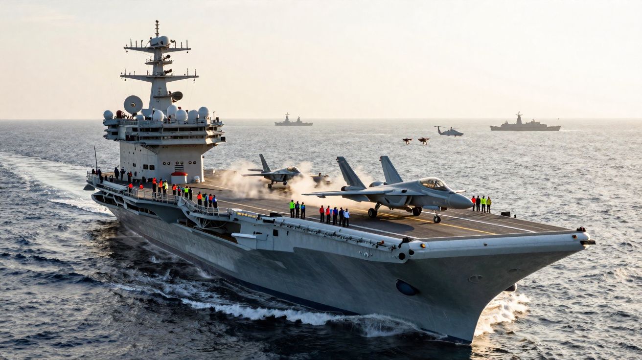 Porta-aviões em alto mar com jatos de combate e helicóptero em ação, tripulação a bordo.