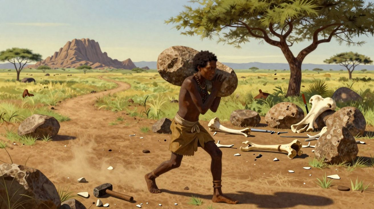 Homem pré-histórico transporta grande pedra numa paisagem africana com ossos, pedras e árvore.