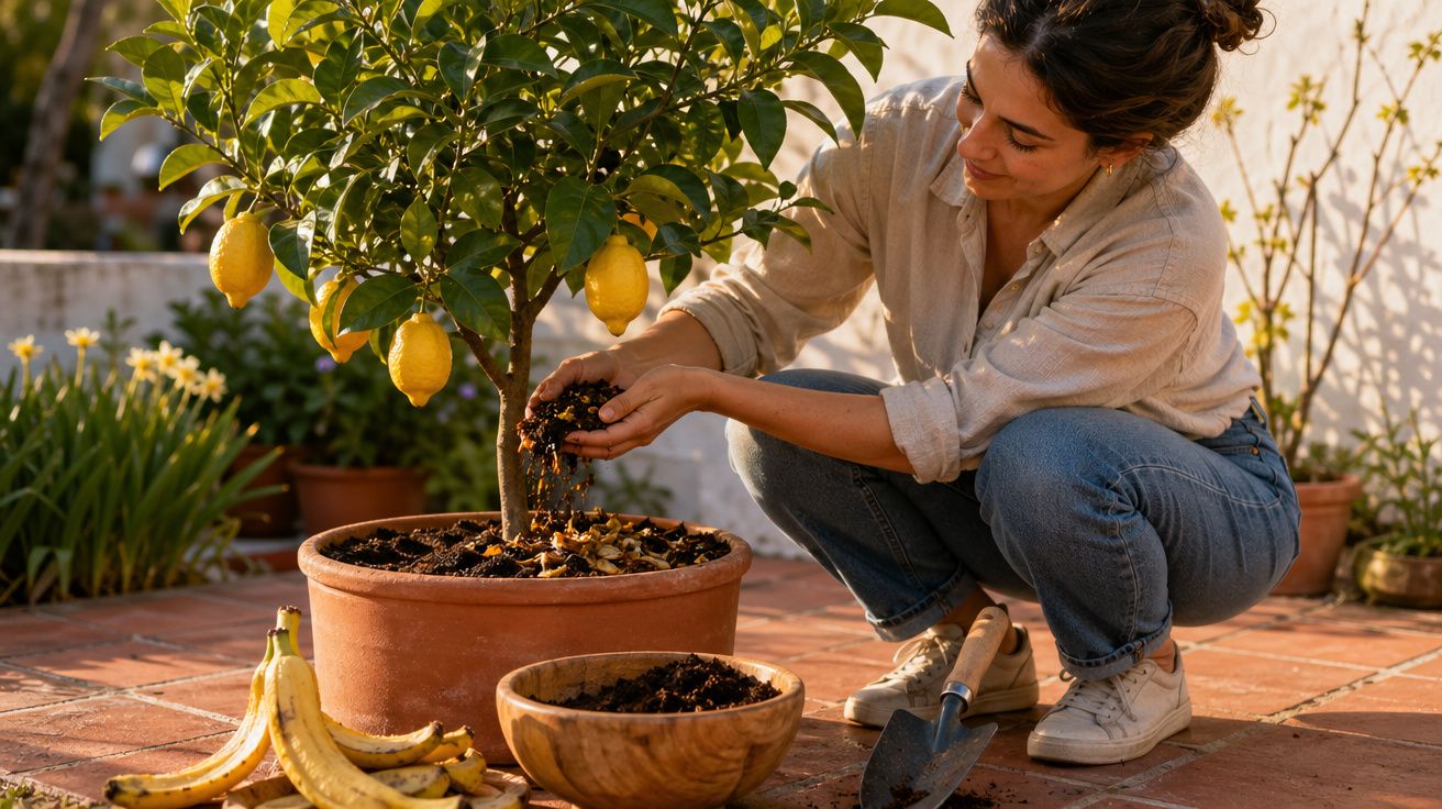 Mulher rega e cuida de uma planta de limão em vaso no jardim, com cascas de banana para adubo.