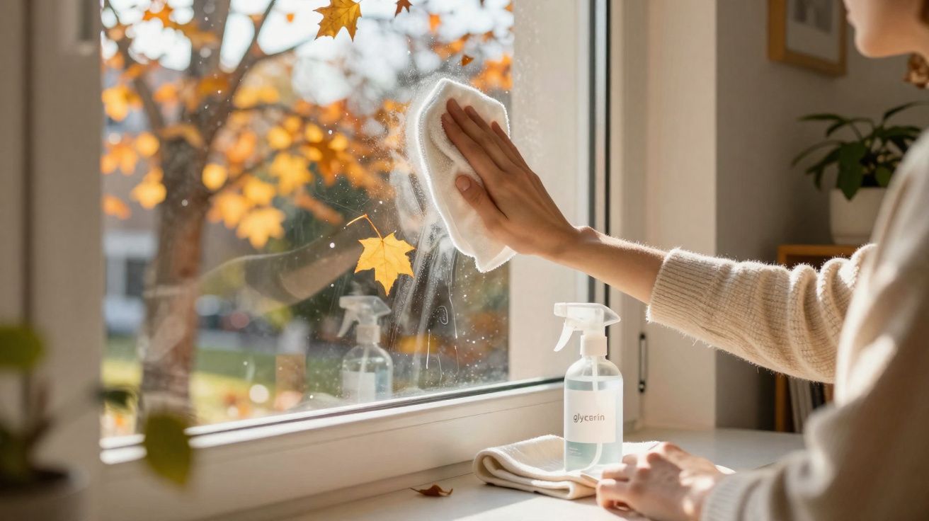 Pessoa a limpar vidros de uma janela com pano branco, cenário de outono com folhas castanhas lá fora.