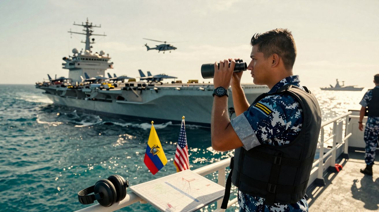 Militar da marinha observa com binóculos um porta-aviões em alto mar, com bandeiras do Equador e EUA à frente.