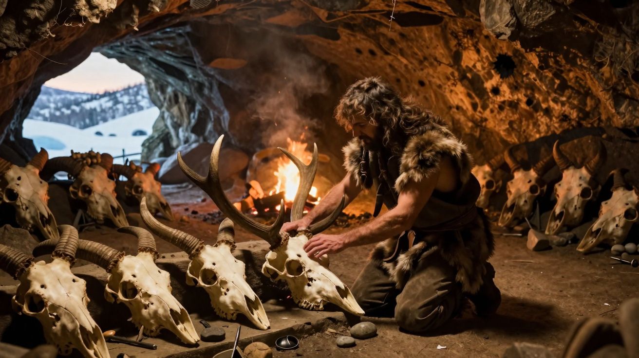 Homem pré-histórico dentro de caverna ajusta crânios de animais junto a fogo e paredes rochosas.