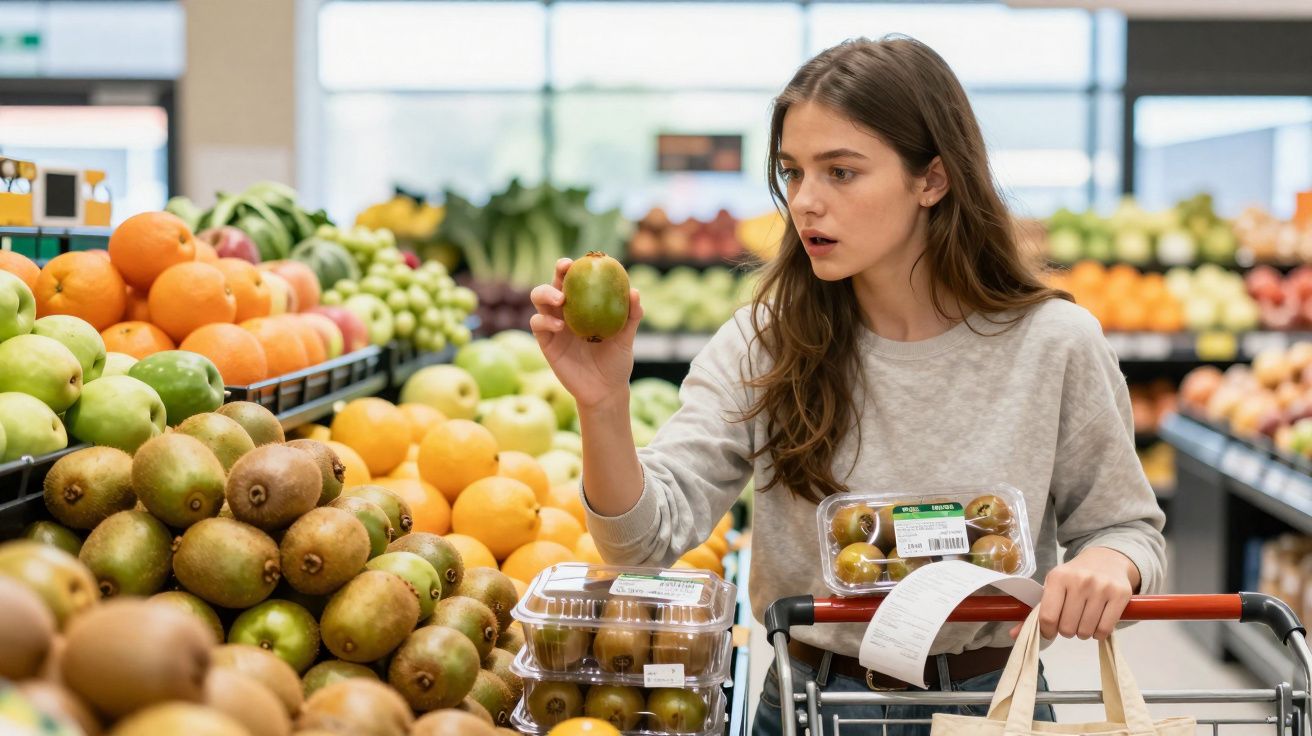Mulher jovem a segurar e analisar um kiwi numa secção de frutas num supermercado.