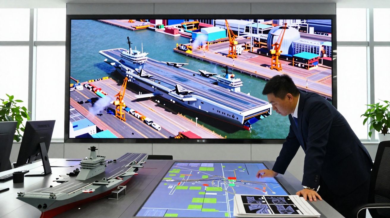 Homem a trabalhar numa mesa táctil com modelo e imagem digital de porta-aviões numa sala de controlo moderna.