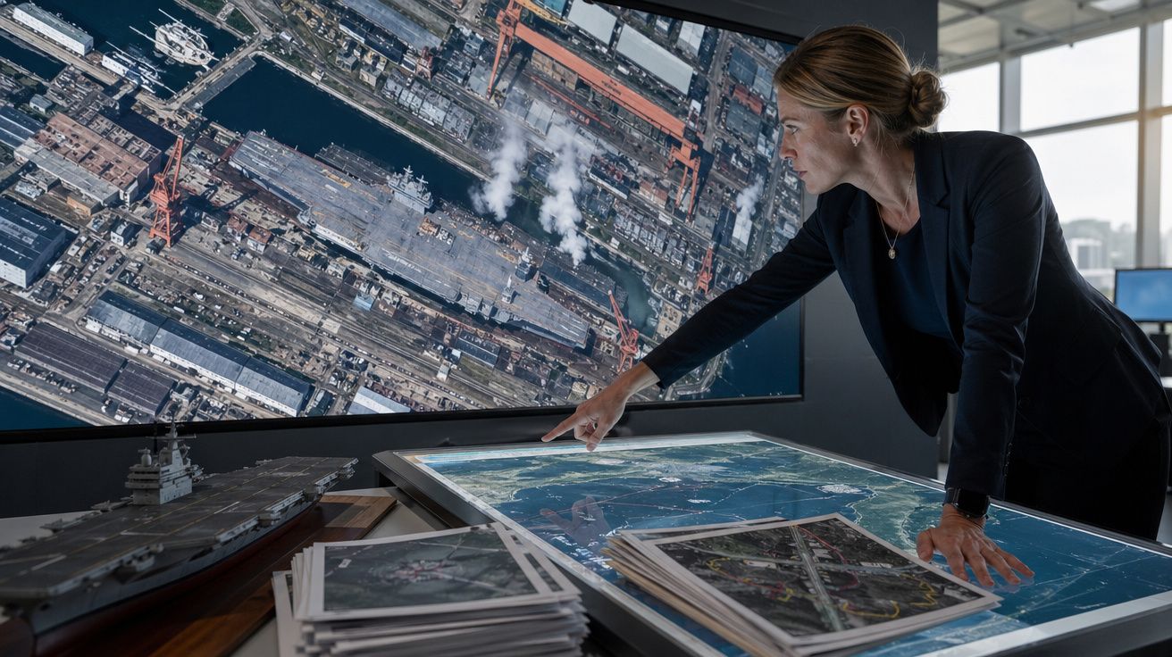 Mulher analisa mapas e imagens aéreas numa sala com grandes ecrãs e maquete de porta-aviões.