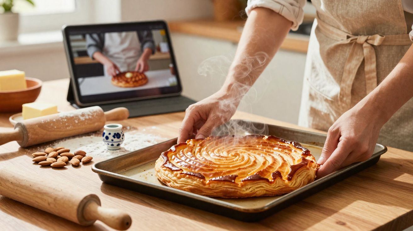 Pessoa a tirar do forno uma tarte quente numa bandeja, com tablet a mostrar receita na cozinha.