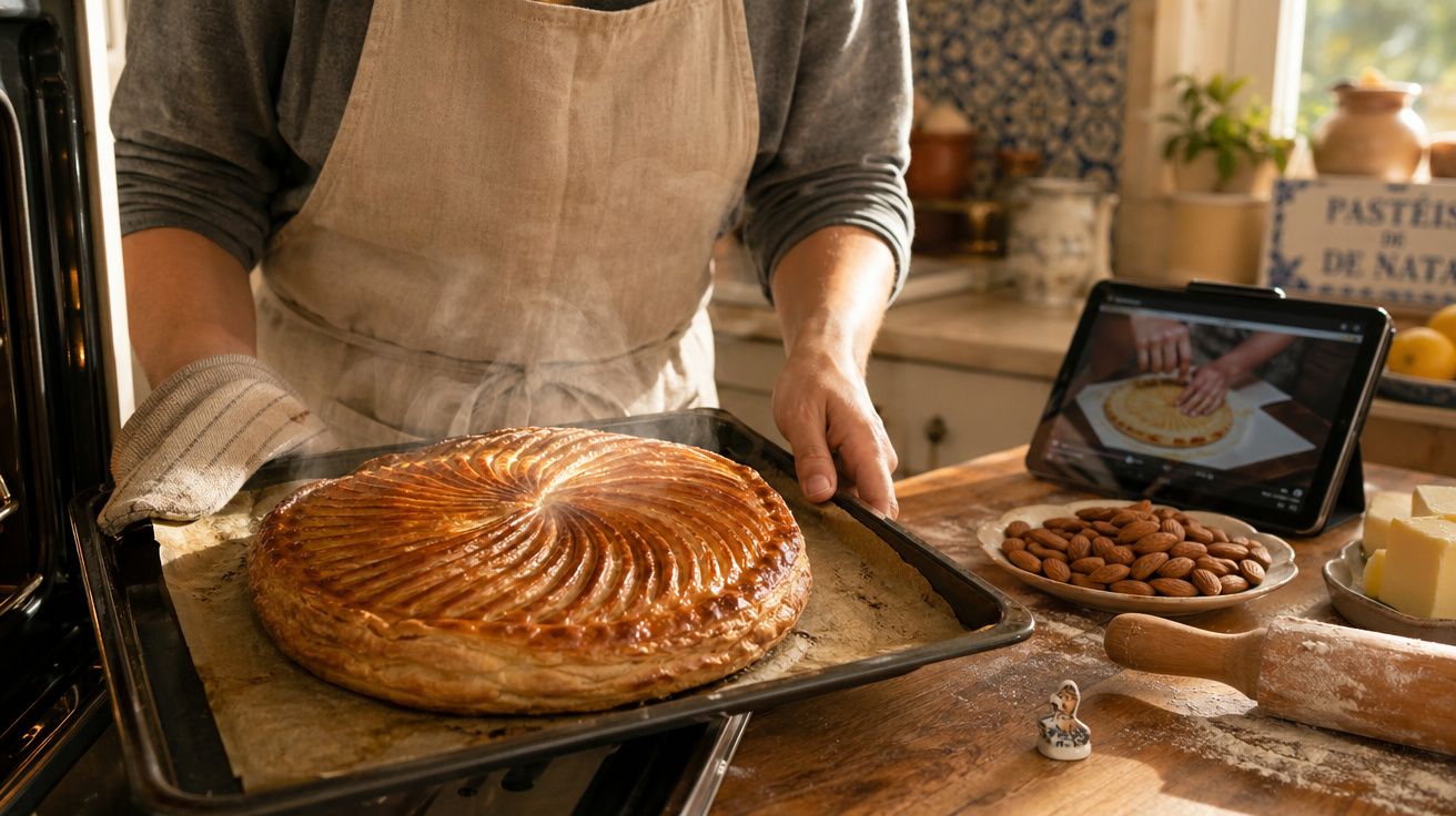 Pessoa a retirar do forno um bolo folhado dourado num tabuleiro numa cozinha rústica.