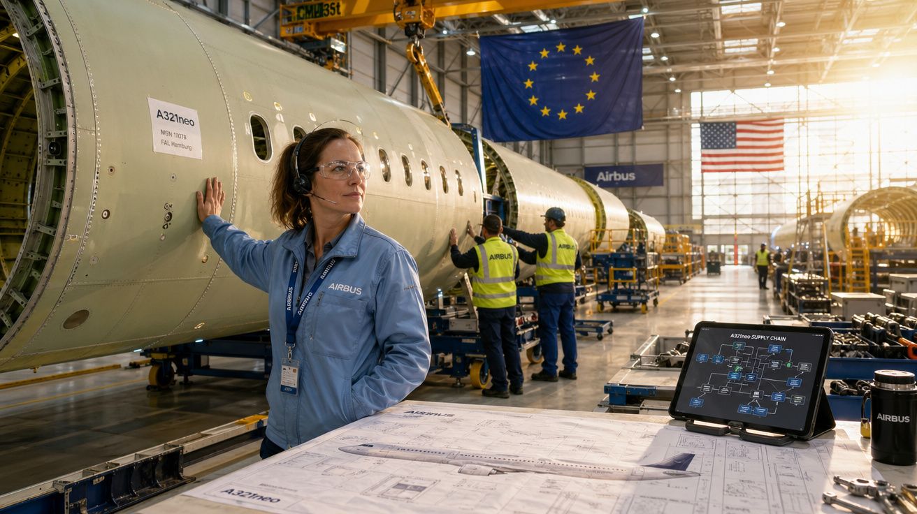 Mulher com fato Airbus e óculos de proteção junto a fuselagem de avião em fábrica com bandeiras da UE e EUA.