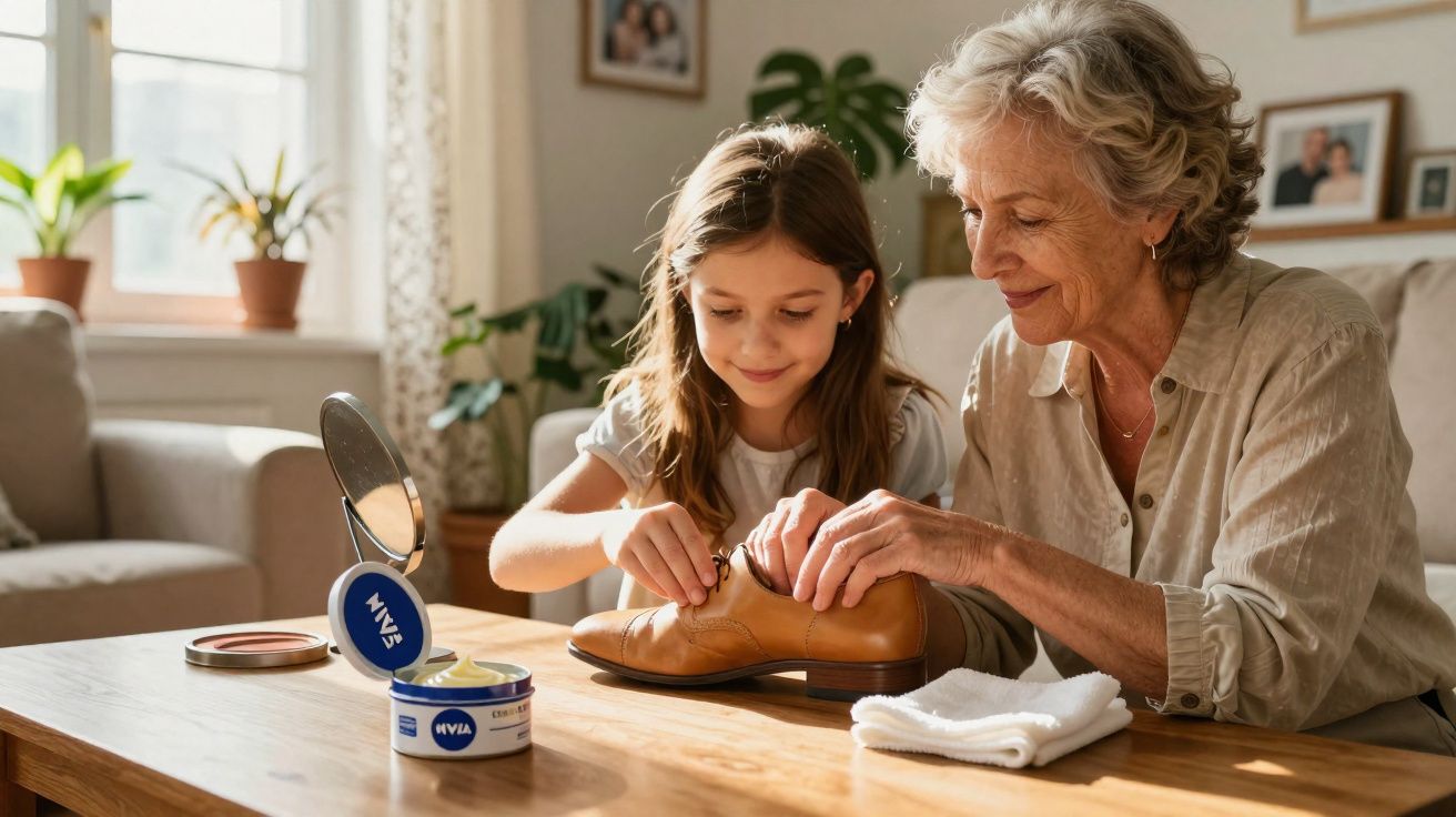 Avó e neta a limpar e engraxar sapato castanho numa mesa de madeira em sala iluminada.