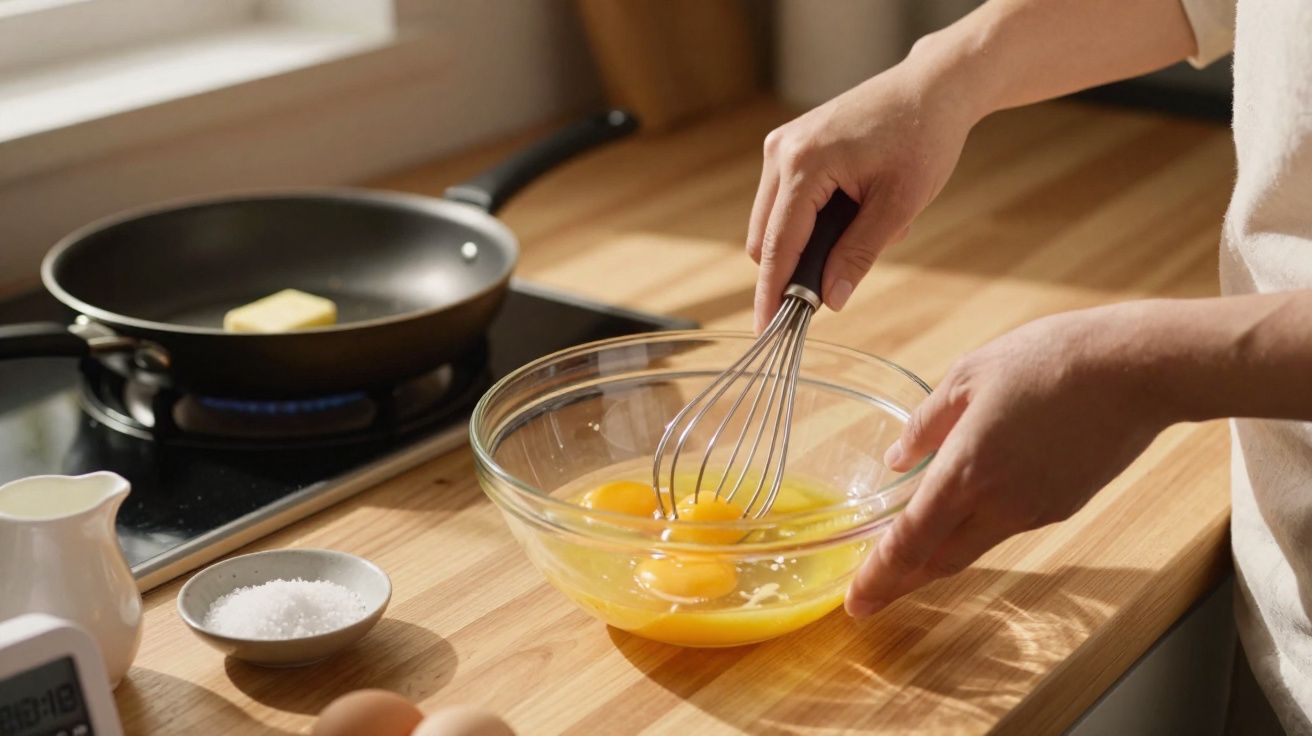Pessoa a mexer gemas de ovo num bowl de vidro numa bancada de cozinha com frigideira e ingredientes próximos.