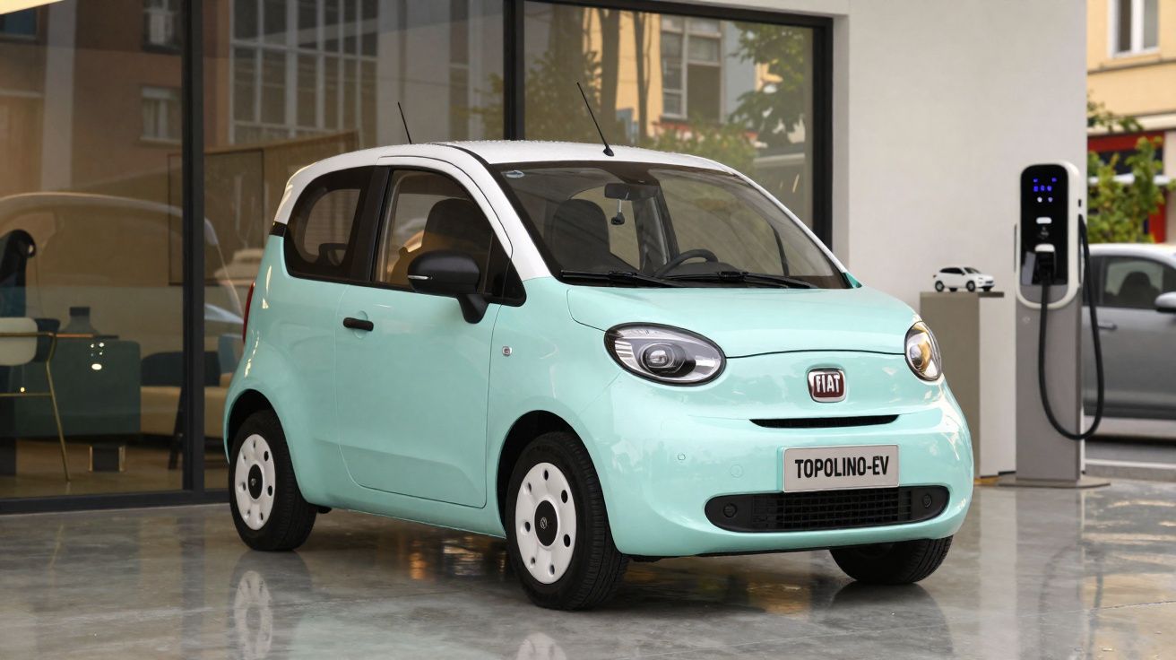 Carro elétrico Fiat Topolino-EV azul claro estacionado em garagem moderna junto a posto de carregamento.