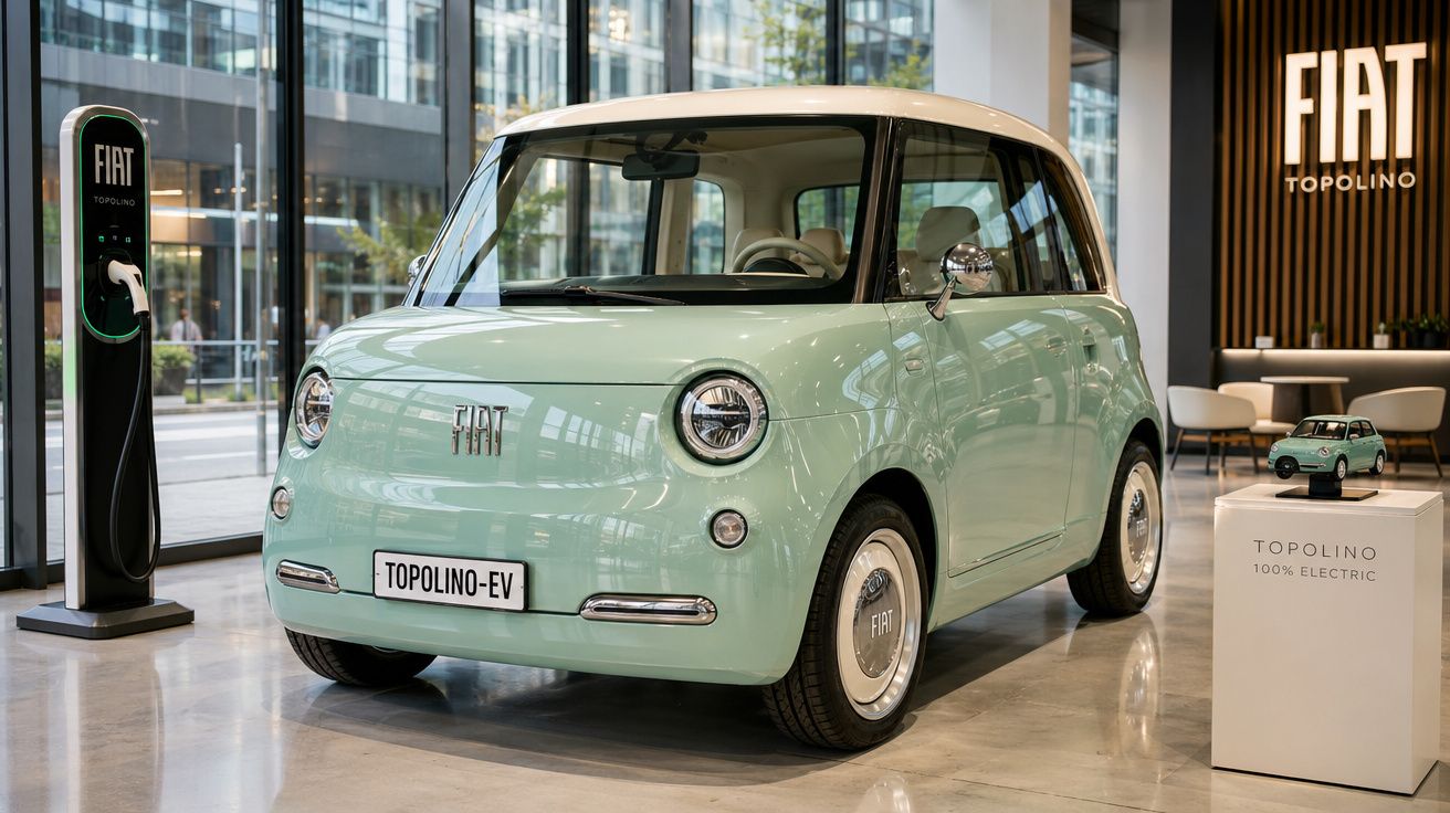 Automóvel elétrico Fiat Topolino EV verde com tejadilho branco em showroom moderno.