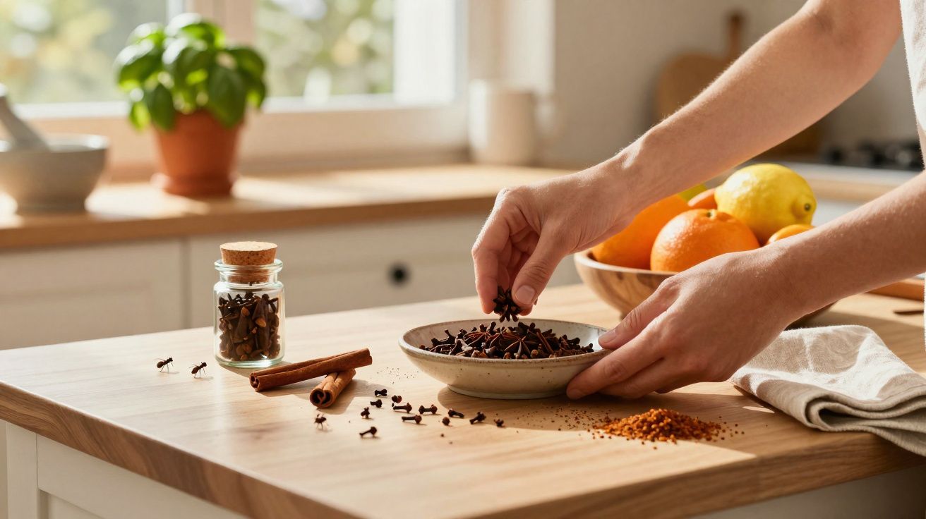 Mãos a apanhar cravos-da-índia numa tigela sobre uma mesa de madeira com especiarias e fruta.
