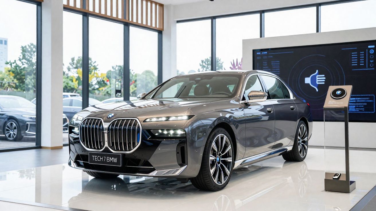 Carro BMW cinzento exposto numa sala com janelas grandes e ecrãs digitais ao fundo.